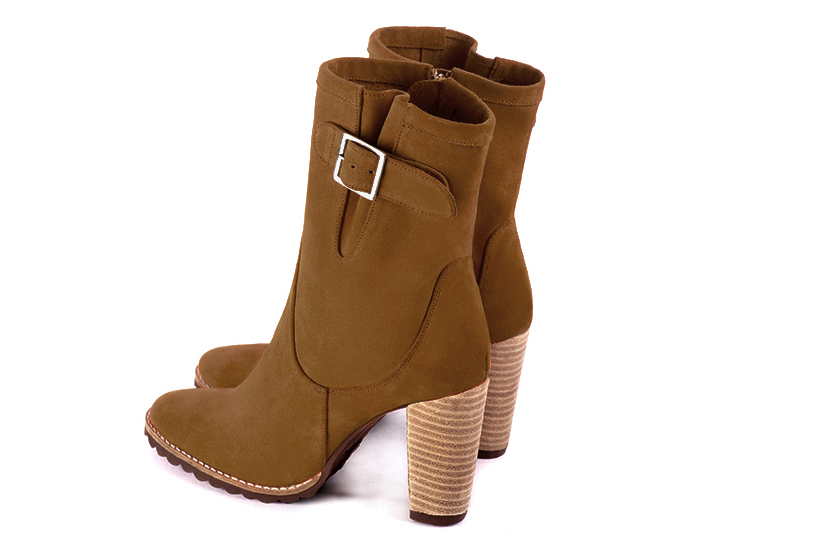 Caramel brown women's ankle boots with buckles on the sides. Round toe. High block heels. Rear view - Florence KOOIJMAN